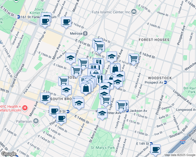 map of restaurants, bars, coffee shops, grocery stores, and more near in The Bronx