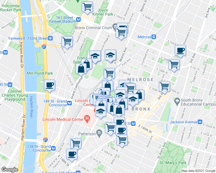 map of restaurants, bars, coffee shops, grocery stores, and more near 2950 Park Avenue in The Bronx