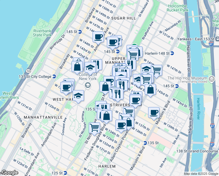 map of restaurants, bars, coffee shops, grocery stores, and more near 317 West 139th Street in New York