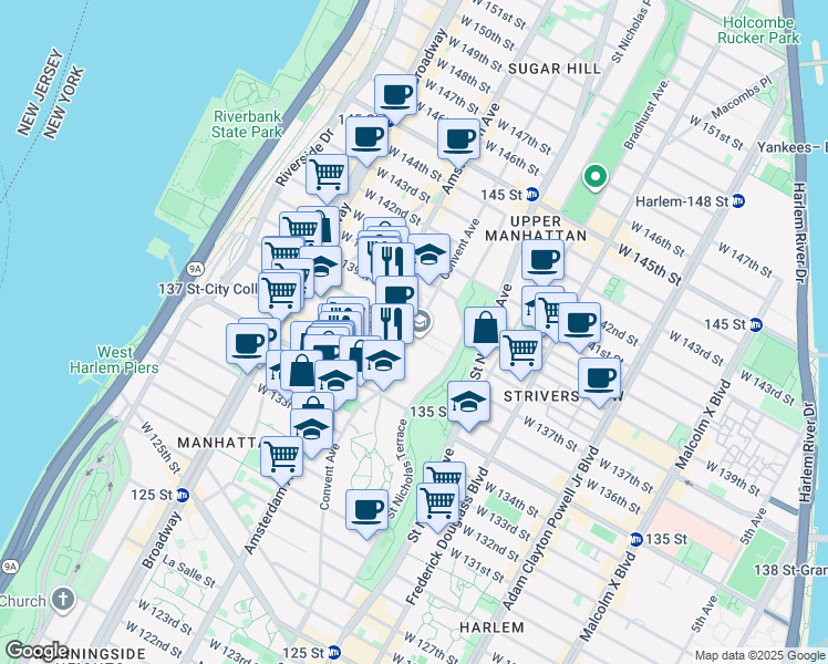 map of restaurants, bars, coffee shops, grocery stores, and more near 160 Convent Avenue in New York