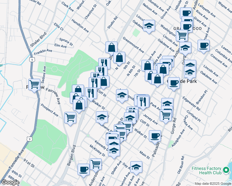 map of restaurants, bars, coffee shops, grocery stores, and more near 420B Jersey Avenue in Fairview