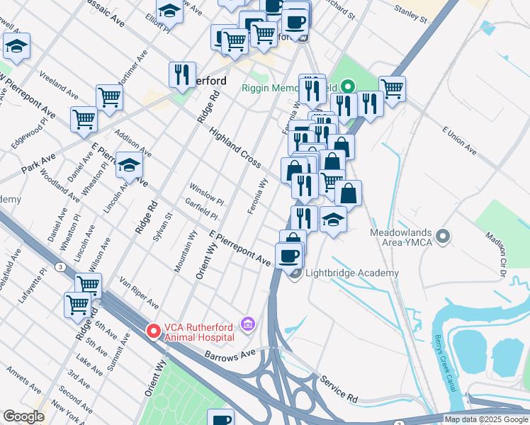 map of restaurants, bars, coffee shops, grocery stores, and more near 213 Eastern Way in Rutherford