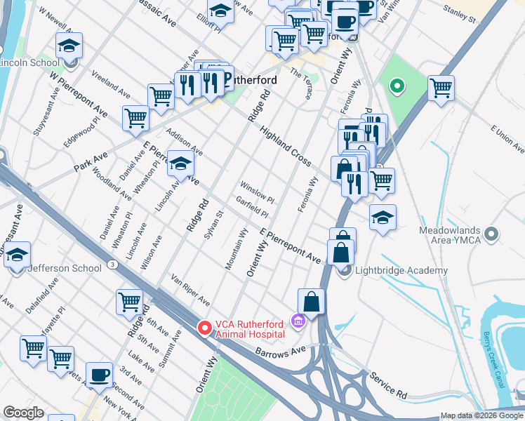 map of restaurants, bars, coffee shops, grocery stores, and more near 246 Orient Way in Rutherford