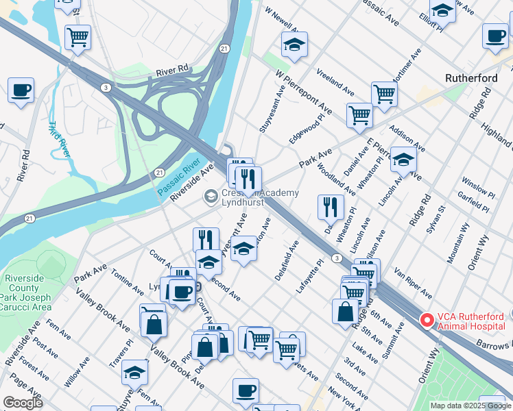 map of restaurants, bars, coffee shops, grocery stores, and more near 24 Stuyvesant Avenue in Lyndhurst
