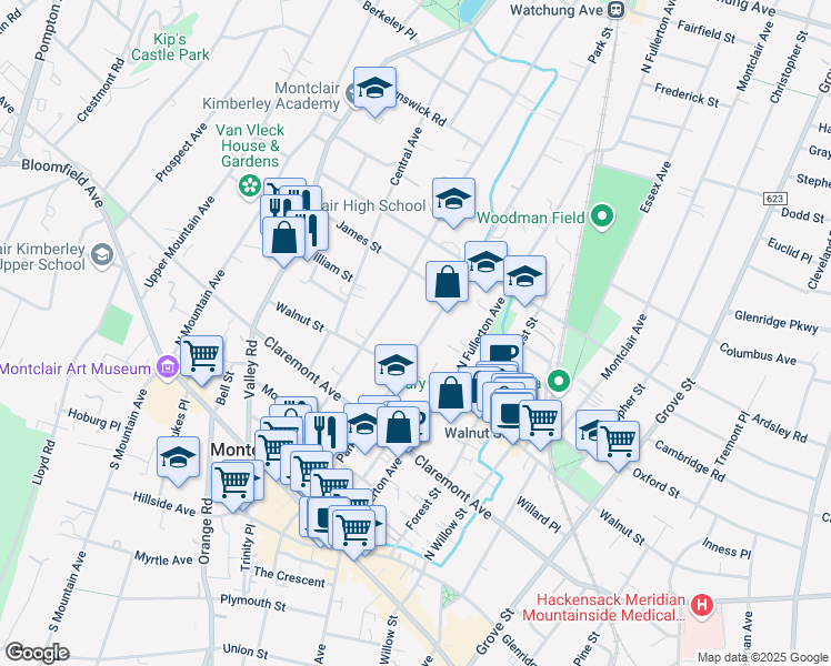 map of restaurants, bars, coffee shops, grocery stores, and more near 84 Park Street in Montclair