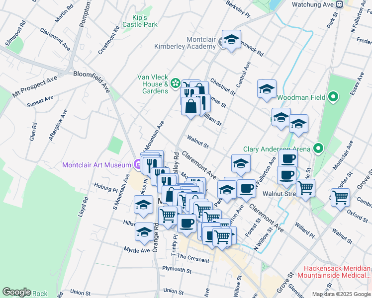 map of restaurants, bars, coffee shops, grocery stores, and more near 290 Claremont Avenue in Montclair