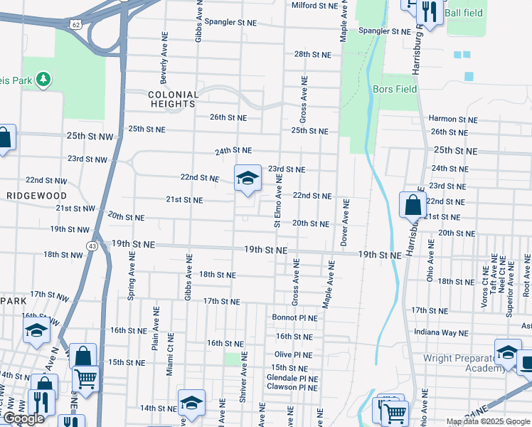 map of restaurants, bars, coffee shops, grocery stores, and more near 1933 Saint Elmo Avenue Northeast in Canton