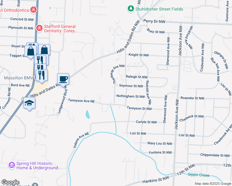 map of restaurants, bars, coffee shops, grocery stores, and more near 1815 Thackeray Avenue Northwest in Massillon