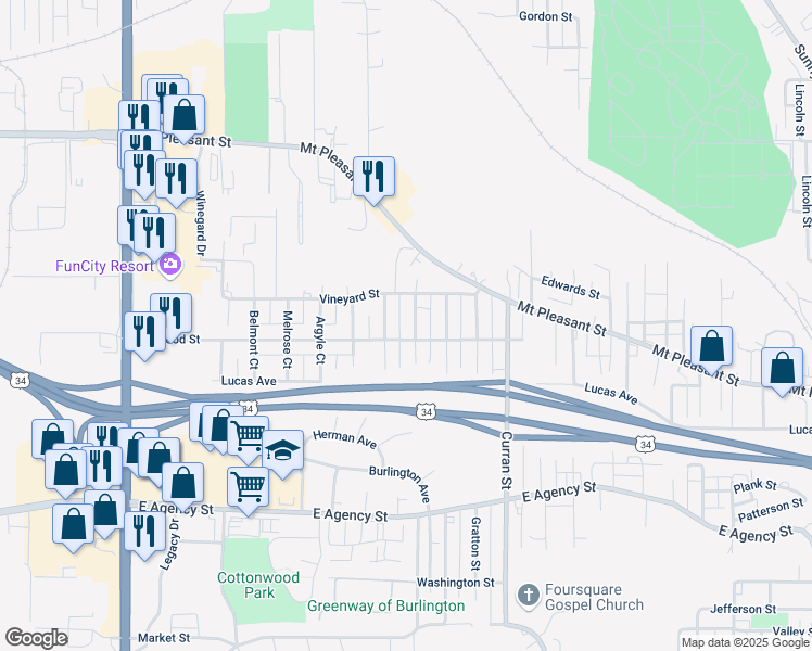 map of restaurants, bars, coffee shops, grocery stores, and more near 836 Hayes Street in Burlington