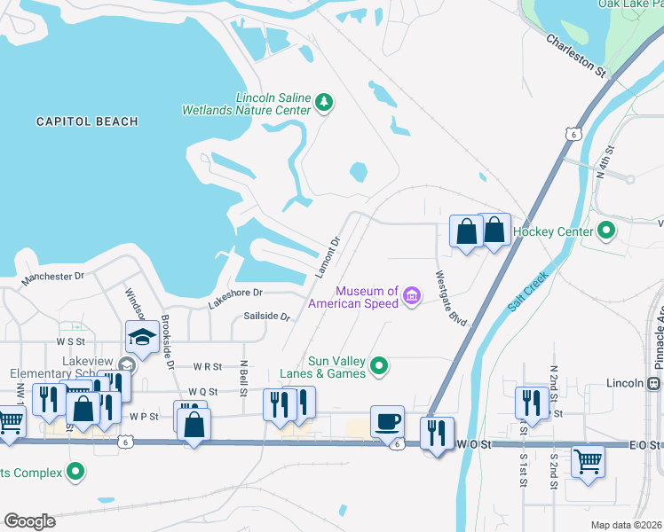 map of restaurants, bars, coffee shops, grocery stores, and more near 640 Lamont Drive in Lincoln