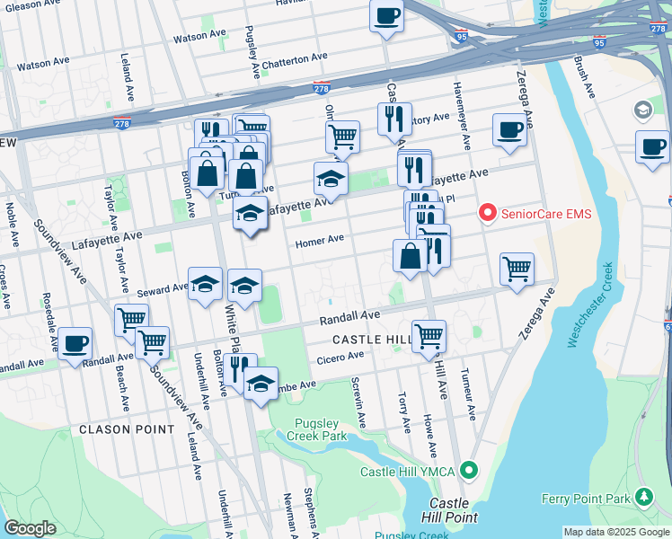map of restaurants, bars, coffee shops, grocery stores, and more near 601 Olmstead Avenue in The Bronx