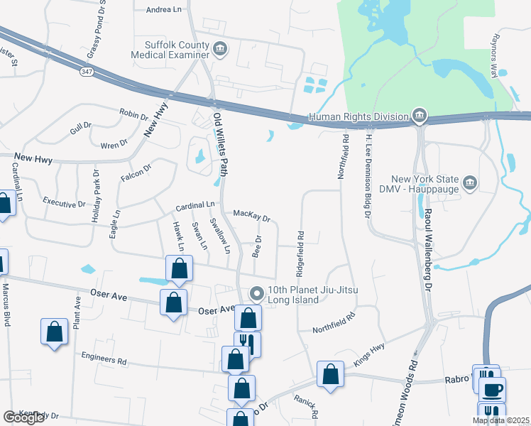 map of restaurants, bars, coffee shops, grocery stores, and more near 22 Mackay Drive in Hauppauge