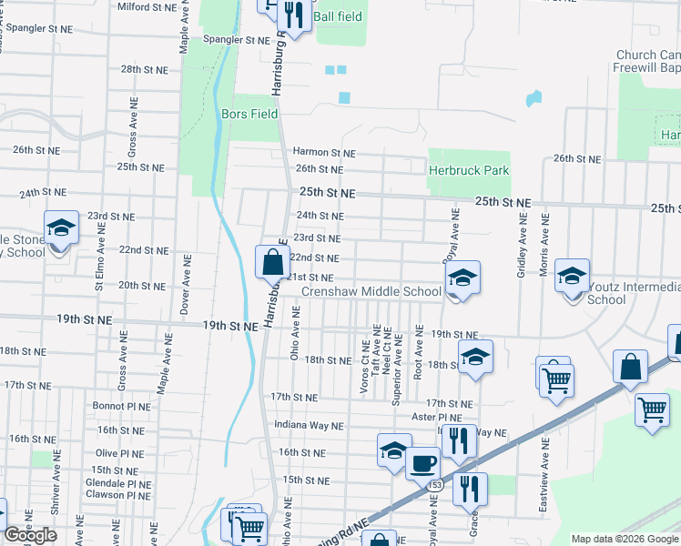 map of restaurants, bars, coffee shops, grocery stores, and more near 2301 20th Street Northeast in Canton