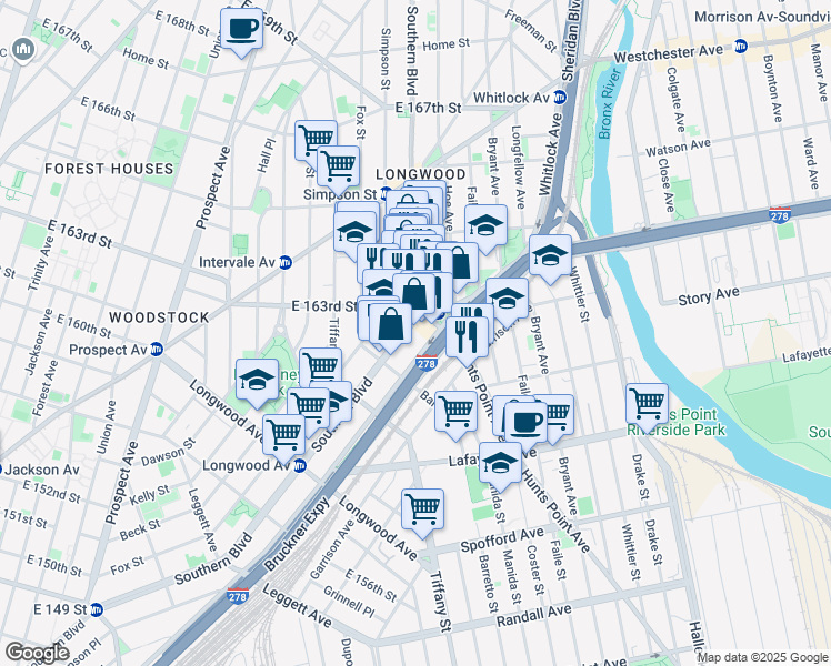 map of restaurants, bars, coffee shops, grocery stores, and more near 985 Bruckner Boulevard in Bronx