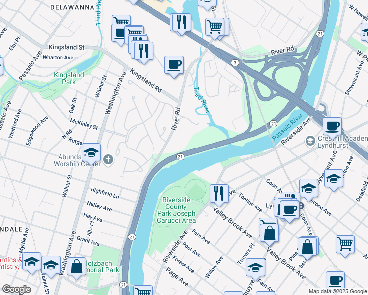 map of restaurants, bars, coffee shops, grocery stores, and more near 452 River Road in Nutley