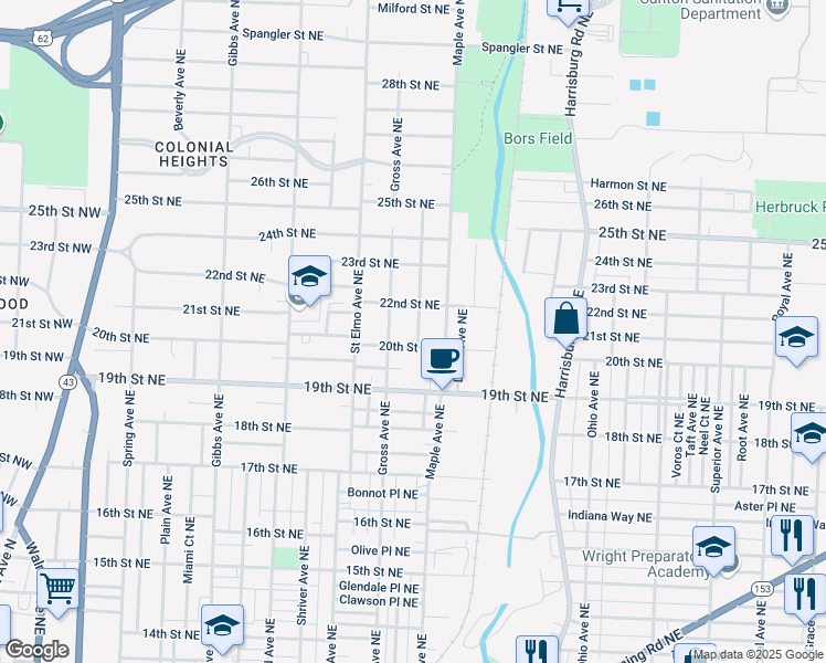 map of restaurants, bars, coffee shops, grocery stores, and more near 2015 Snyder Avenue Northeast in Canton