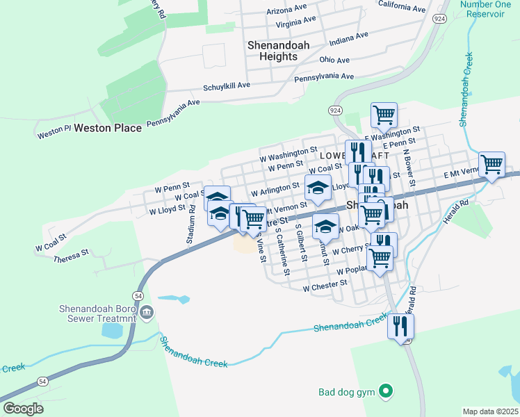 map of restaurants, bars, coffee shops, grocery stores, and more near 527 West Mount Vernon Street in Shenandoah