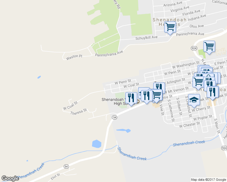 map of restaurants, bars, coffee shops, grocery stores, and more near 972 West Coal Street in Shenandoah