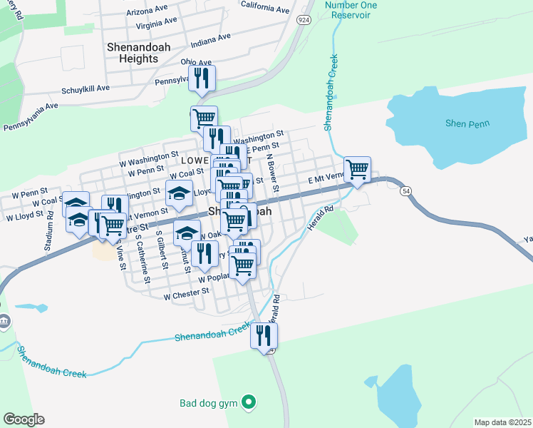 map of restaurants, bars, coffee shops, grocery stores, and more near 20 South Lehigh Street in Shenandoah