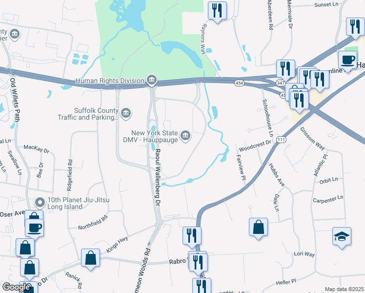 map of restaurants, bars, coffee shops, grocery stores, and more near 250 Veterans Memorial Highway in Hauppauge