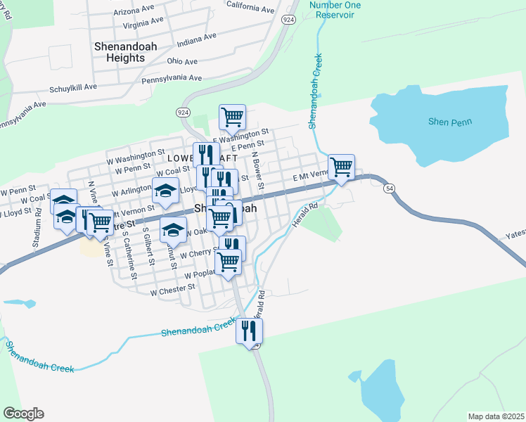 map of restaurants, bars, coffee shops, grocery stores, and more near 22 South Bower Street in Shenandoah