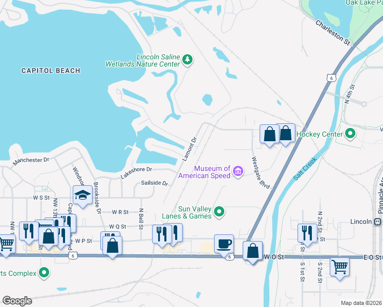 map of restaurants, bars, coffee shops, grocery stores, and more near 640 Lamont Drive in Lincoln