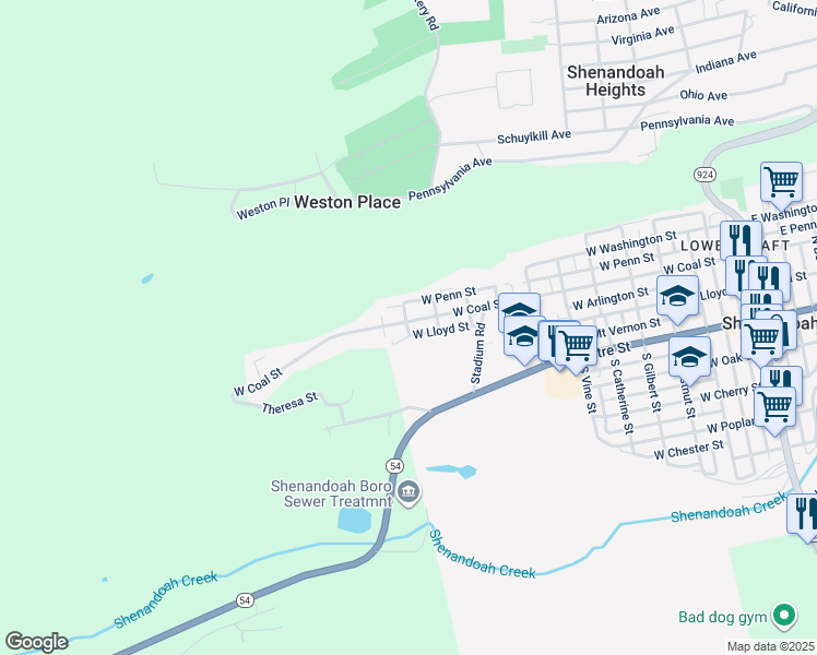 map of restaurants, bars, coffee shops, grocery stores, and more near 972 West Coal Street in Shenandoah