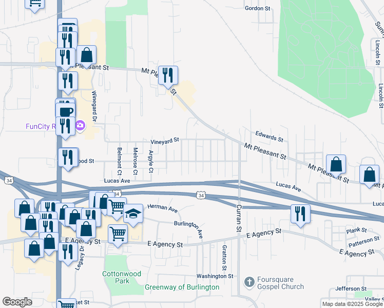 map of restaurants, bars, coffee shops, grocery stores, and more near 836 Hayes Street in Burlington