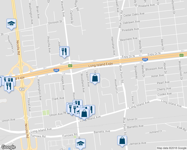 map of restaurants, bars, coffee shops, grocery stores, and more near 11 Gazebo Lane in Holtsville