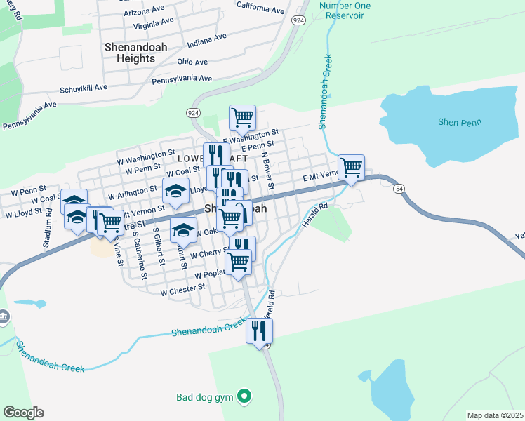 map of restaurants, bars, coffee shops, grocery stores, and more near 20 South Lehigh Street in Shenandoah