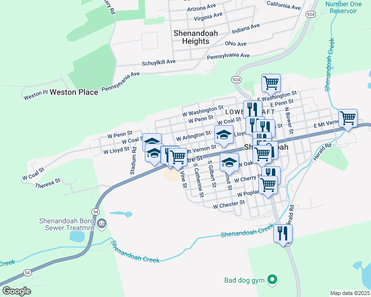 map of restaurants, bars, coffee shops, grocery stores, and more near 517 West Mount Vernon Street in Shenandoah