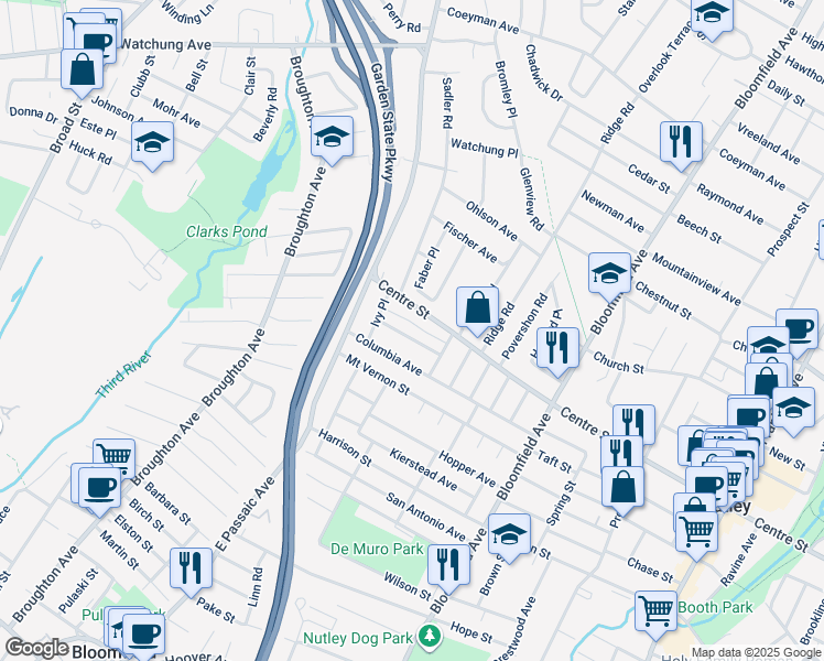 map of restaurants, bars, coffee shops, grocery stores, and more near 715 Centre Street in Nutley
