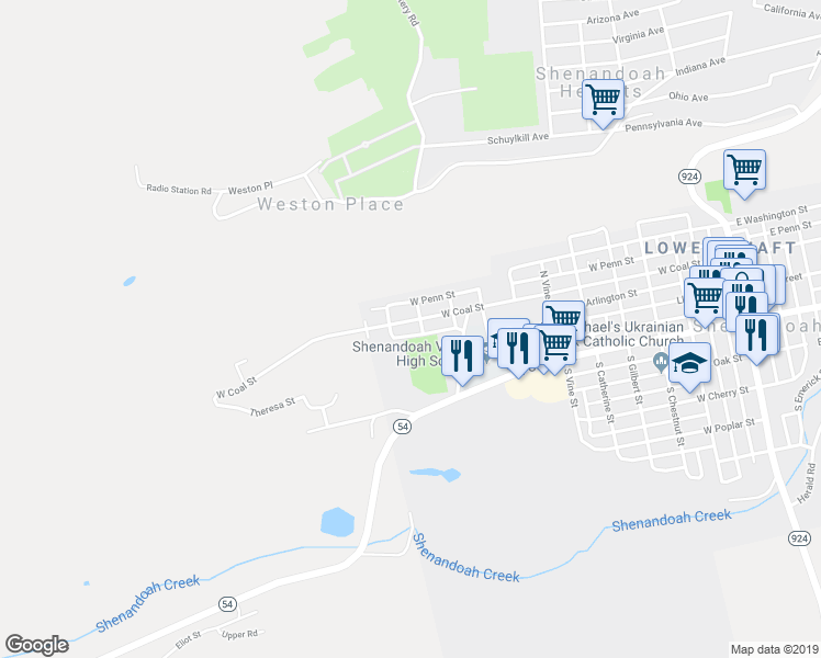 map of restaurants, bars, coffee shops, grocery stores, and more near 954 West Coal Street in Shenandoah