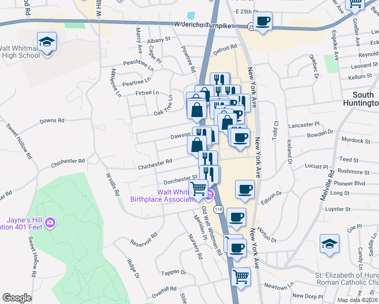 map of restaurants, bars, coffee shops, grocery stores, and more near 3 Livingston Street in Huntington Station