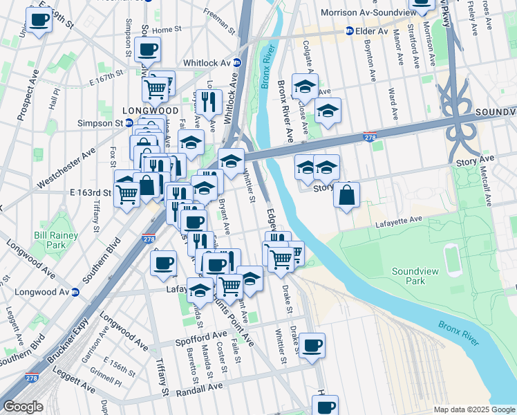map of restaurants, bars, coffee shops, grocery stores, and more near 1350 Garrison Avenue in The Bronx