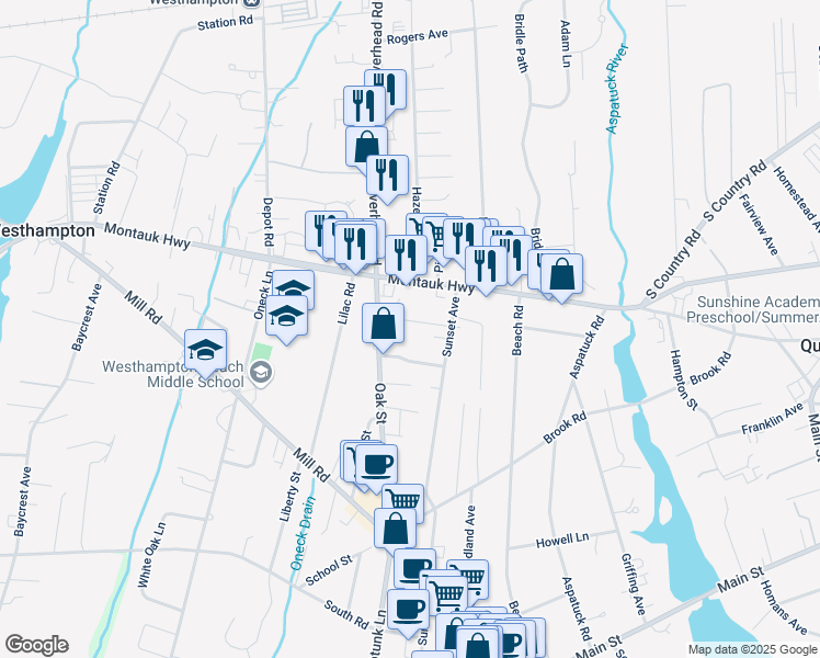 map of restaurants, bars, coffee shops, grocery stores, and more near 17 Humphrey Street in Westhampton Beach