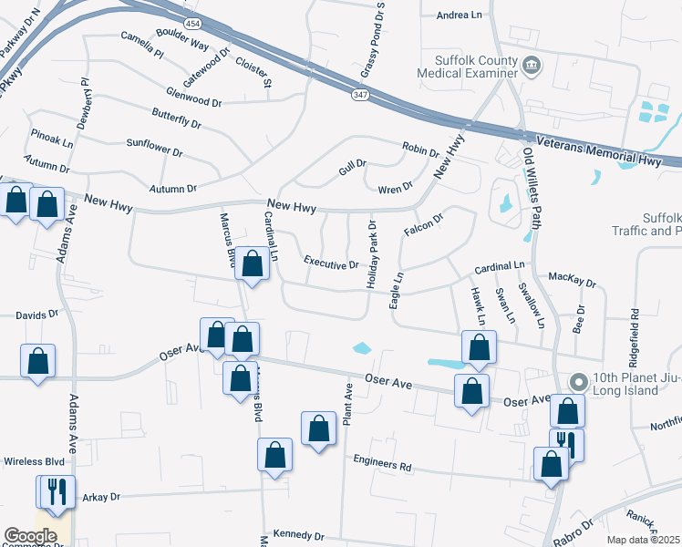 map of restaurants, bars, coffee shops, grocery stores, and more near 12 Leeland Drive in Hauppauge