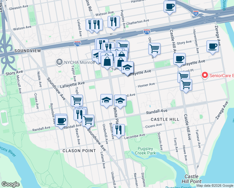 map of restaurants, bars, coffee shops, grocery stores, and more near 1950 Lafayette Avenue in The Bronx