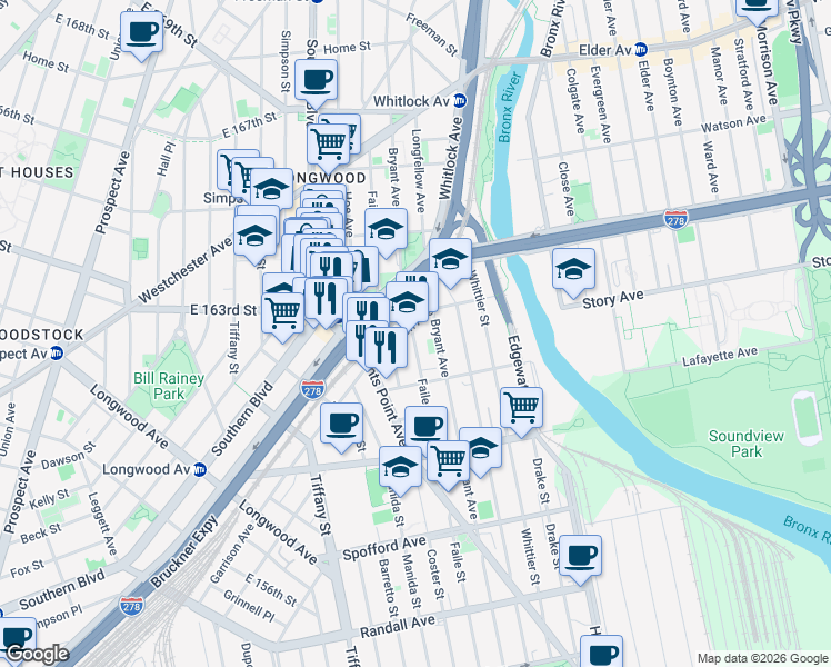 map of restaurants, bars, coffee shops, grocery stores, and more near 1000 Bruckner Boulevard in The Bronx
