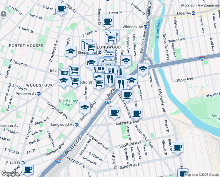 map of restaurants, bars, coffee shops, grocery stores, and more near in The Bronx
