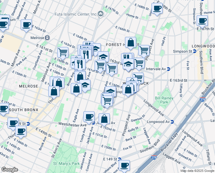 map of restaurants, bars, coffee shops, grocery stores, and more near 832 Trinity Avenue in Bronx