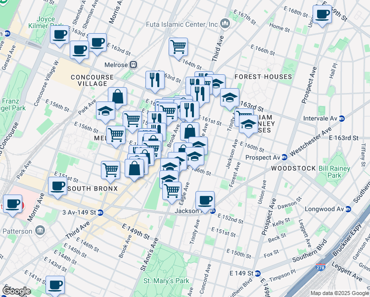 map of restaurants, bars, coffee shops, grocery stores, and more near 793B Saint Ann's Avenue in Bronx