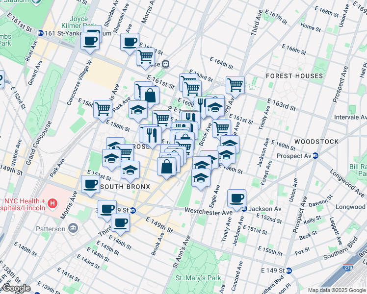 map of restaurants, bars, coffee shops, grocery stores, and more near in The Bronx