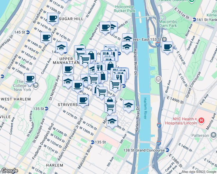 map of restaurants, bars, coffee shops, grocery stores, and more near 128 West 145th Street in New York