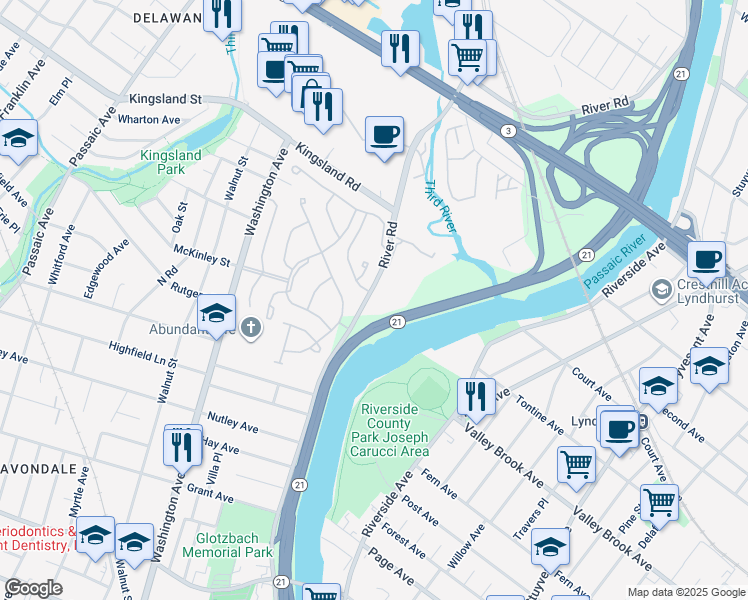 map of restaurants, bars, coffee shops, grocery stores, and more near 581 Brittany Circle in Nutley