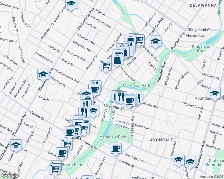 map of restaurants, bars, coffee shops, grocery stores, and more near 34 Warren Street in Nutley
