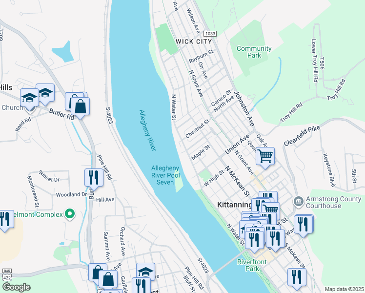 map of restaurants, bars, coffee shops, grocery stores, and more near 713 North Water Street in Kittanning