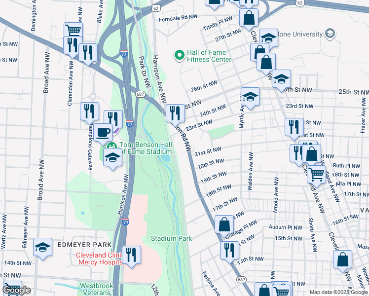 map of restaurants, bars, coffee shops, grocery stores, and more near 2214 Fulton Road Northwest in Canton