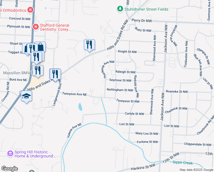 map of restaurants, bars, coffee shops, grocery stores, and more near 2733 Thackeray Avenue Northwest in Massillon