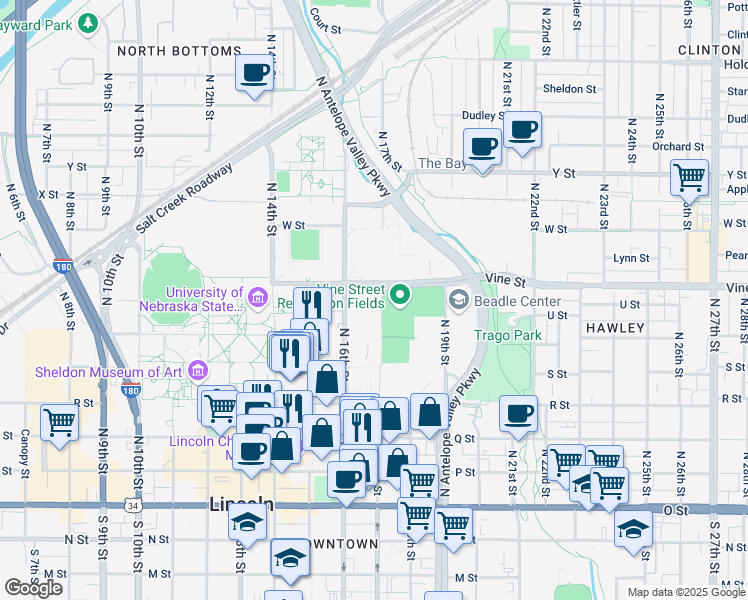 map of restaurants, bars, coffee shops, grocery stores, and more near 1600 Vine St in Lincoln